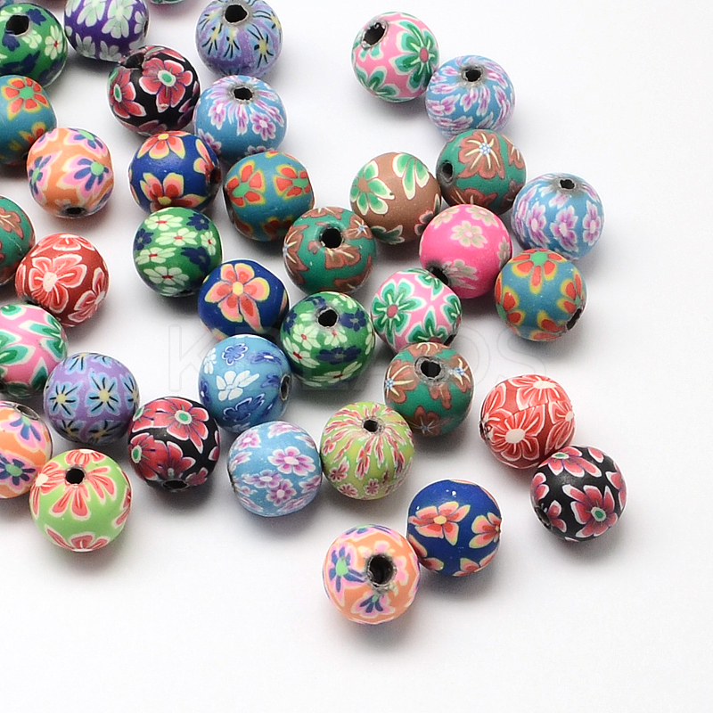 Wholesale Handmade Flower Pattern Polymer Clay Round Beads Kbeads