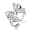Bowknot Brass Micro Pave Clear Cubic Zirconia Open Cuff Rings for Women RJEW-C098-11P-1