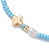 7Pcs Glass Seed Bead Stretch Bracelets with Brass Cross & Imitation Pearl BJEW-MZ00299-4