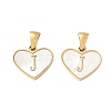 304 Stainless Steel Pave Natural White Shell Heart with Initial Slice Pendants STAS-R168-25G-J-1