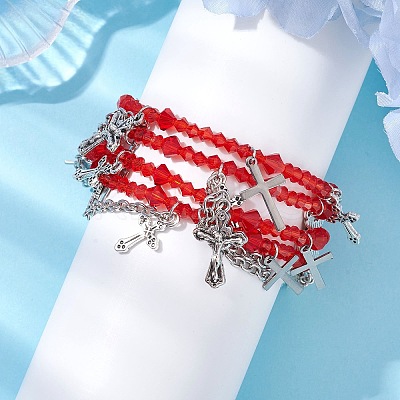 Red Glass Multi-Strand Beaded Bracelets BJEW-JB10709-1