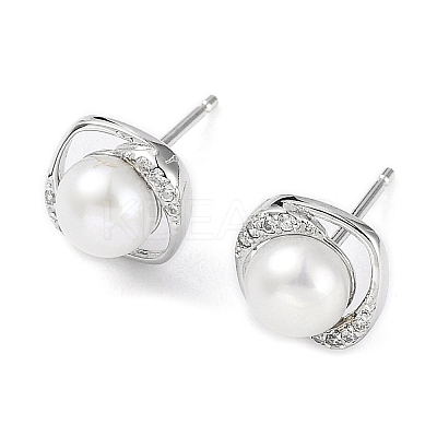 Anti-Tarnish Cubic Zirconia Sauqre with Natural Pearl Stud Earrings EJEW-F318-12P-1