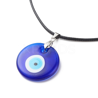 Blue Lampwork Evil Eye Pendant Necklace with Waxed Cord for Women NJEW-JN03955-04-1