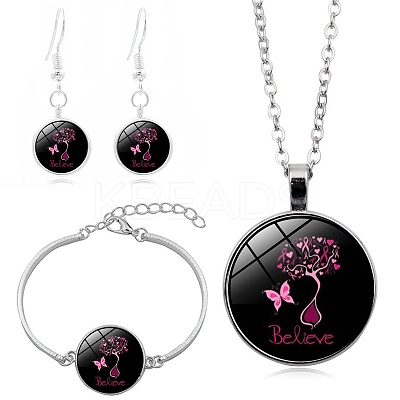 October Breast Cancer Pink Awareness Ribbon Glass Jewelry Set PW-WG20424-05-1