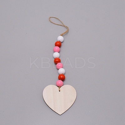 Valentine's Day Theme Schima Wood Beads & Hemp Rope Pendants Decorations HJEW-TAC0012-15-1