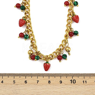 Natural Carnelian and Synthetic Malachite Round Beads and Red Strawberry Tassel 304 Stainless Steel Twisted Chain Necklaces NJEW-C092-03G-1