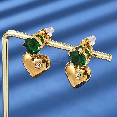 Heart 304 Stainless Steel Micro Pave Cubic Zirconia Dangle Stud Earrings EJEW-V016-01G-03-1