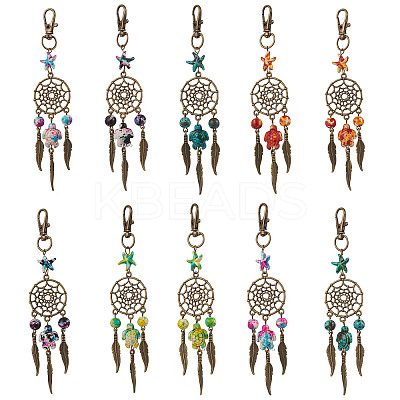 Synthetic Turquoise Starfish Turtle & Alloy Woven Net/Web with Feather Pendant Decorations HJEW-JM03126-1