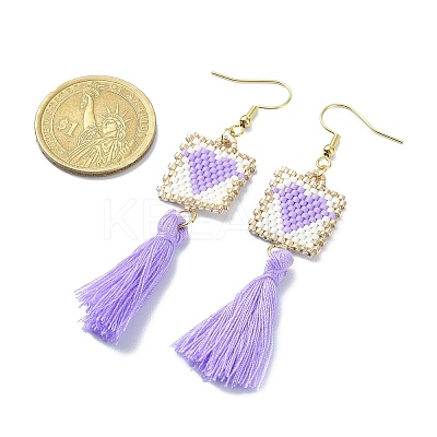 Glass Rectangle with Tassel Dangle Earrings EJEW-MZ00065-1
