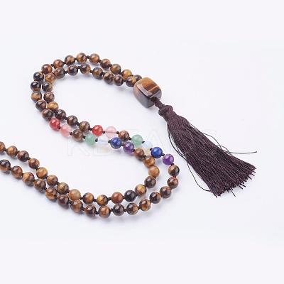 Natural Tiger Eye Tassel Pendant Necklaces NJEW-P193-A07-1