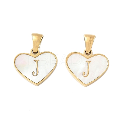 304 Stainless Steel Pave Natural White Shell Heart with Initial Slice Pendants STAS-R168-25G-J-1