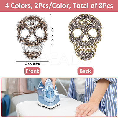 8Pcs 4 Colors Skull Hotfix Rhinestone (Hot Melt Adhesive On The Back) DIY-FH0007-53-1