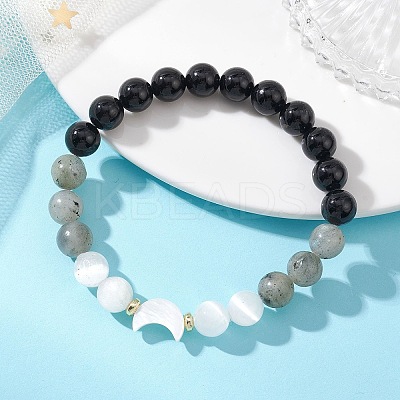 Natural Selenite & Labradorite & Black Tourmaline & Shell Beaded Stretch Bracelets for Women BJEW-JB13084-1