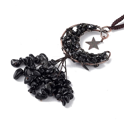 Natural Dyed & Heated Black Agate Moon with Chips Tassel Pendant Decorations G-L524-07R-B01-1