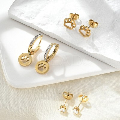 304 Stainless Steel Rhinestone Paw Print Earring Sets EJEW-Z098-24G-1