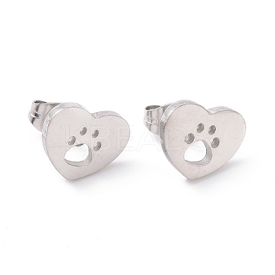 Tarnish Resistant 304 Stainless Steel Heart with Dog Paw Print Stud Earrings for Women EJEW-G328-02P-1