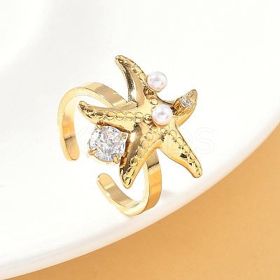 304 Stainless Steel Micro Pave Cubic Zirconia Plastic Pearl Cuff Rings RJEW-D310-02A-G-1