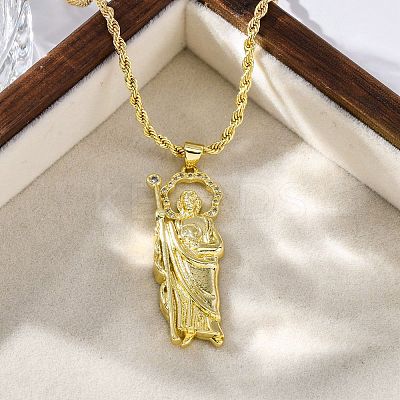 Brass Micro Pave Clear Cubic Zirconia Saint Jude Pendant Necklaces NJEW-C071-01A-G-1