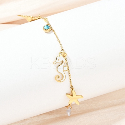 304 Stainless Steel Pave Deep Sky Blue Cubic Zirconia Enamel Sea Horse Starfish Conch Charm Anklets for Women AJEW-G069-03G-1