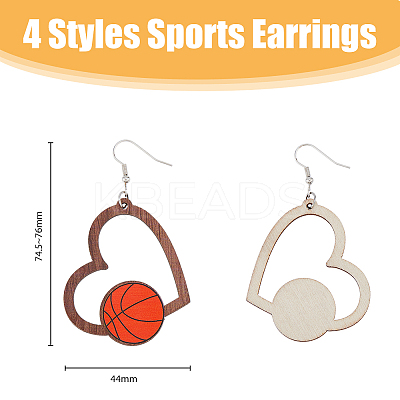 4 Pairs 4 Styles Sport Theme Wood Heart Dangle Earrings for Women EJEW-FI0001-55-1