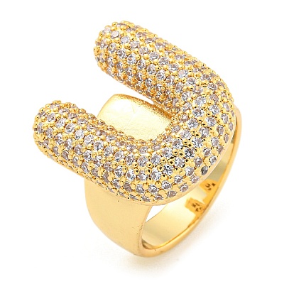 Brass Micro Pave Clear Cubic Zirconia Letter Open Cuff Ring for Women RJEW-M173-01G-U-1