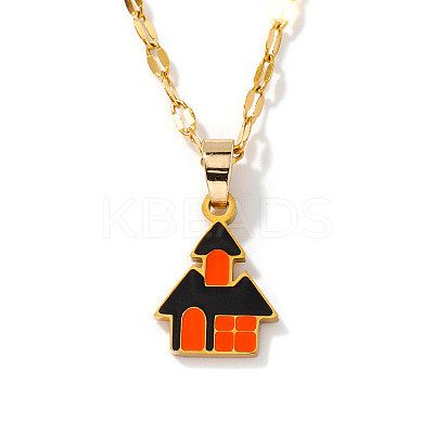 Halloween 304 Stainless Steel Dark Orange Enamel Haunted House Pendant Necklaces European American Fashion Jewelry XI0912-1