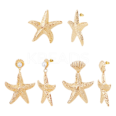 3 Pairs 3 Style Alloy Starfish Dangle Stud Earrings with Plastic Pearl Beaded EJEW-FI0002-95-1