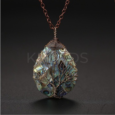 Double Sided Natural Paua Shell Copper Wire Wrapped Tree of Life Teardrop Pendant Necklaces FS-WG9357B-01-1