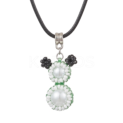 Glass Seed Beads & Glass Pearl Round Beaded Bear Pendant Waxed Cotton Cord Necklaces for Women Men NJEW-MZ00126-04-1
