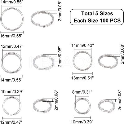 500pcs 5 Style 304 Stainless Steel Split Rings STAS-UN0026-11-1