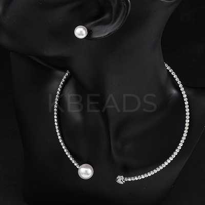 Round Plastic Imitation Pearl Stud Earrings & Rhinestone Cuff Choker Necklaces Sets SJEW-U003-11P-1