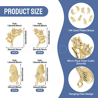 8Pcs 4 Styles Brass Micro Pave Clear Cubic Zirconia Stud Earring Findings KK-TA0002-74-1