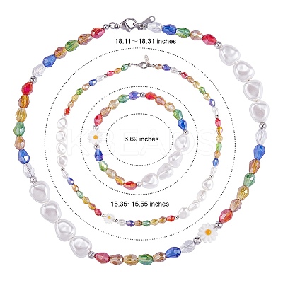 3Pcs Natural Shell & Plastic Pearl Flower & Glass Beaded Necklaces and Stretch Bracelet Set SJEW-SW00010-05-1
