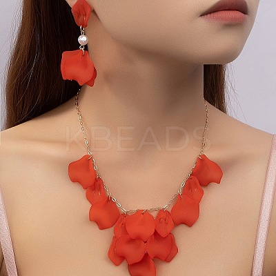 Petal Resin Charm & Alloy Pendant Necklaces & Stud Dangle Earring Sets FS-WG0777B-01-1
