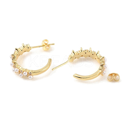 Plastic Pearl Beaded C-shape Stud Earrings with Clear Cubic Zirconia EJEW-C060-03G-1