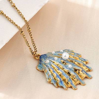 Summer Beach 304 Stainless Steel Light Sky Blue Enamel Pendant Necklaces for Women NJEW-U043-01B-G-1