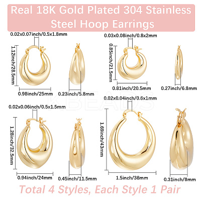 4 Pairs 4 Styles Rack Plating Brass Chunky Hoop Earrings for Women EJEW-BBC0001-94-1
