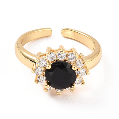 Cubic Zirconia Flat Round Open Cuff Ring RJEW-C024-09G-1