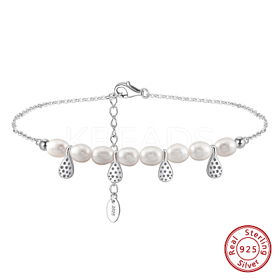 925 Sterling Silver with Natural Freshwater Pearls Anklet AJEW-Z029-03P-1