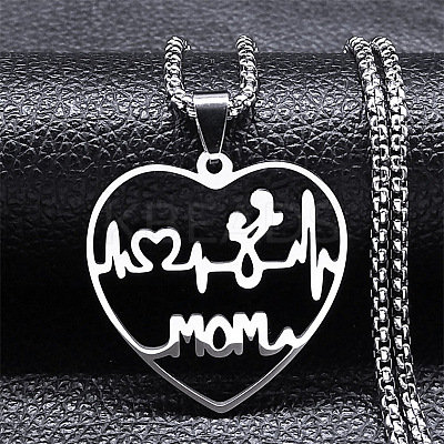 Mother's Day 201 Stainless Steel Hollow Cut Mom Love Heart Pendant Necklaces NJEW-H065-24P-1