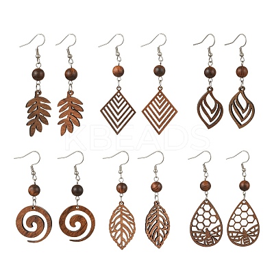 6 Pairs 6 Styles Natural Walnut Wood Dangle Earrings for Women EJEW-JE06101-1
