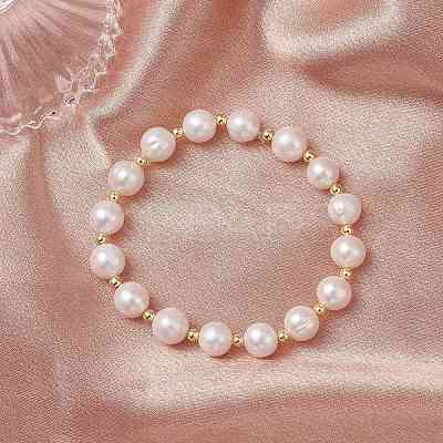 Natural Cultured Freshwater Pearl Round Beaded Stretch Bracelets for Women BJEW-JB12126-1