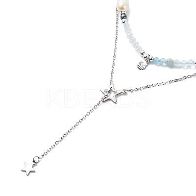 2Pcs 2 Style 304 Stainless Steel Shell & Star Charms Lariat Necklaces Set with Natural Pearl NJEW-JN03978-1