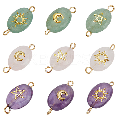 18Pcs 9 Styles Natural Green Aventurine & Amethyst & Rose Quartz Connector Charms PALLOY-HY00037-1
