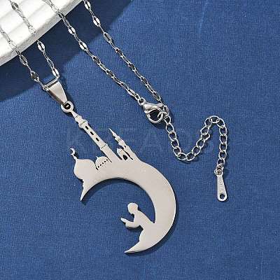 201 Stainless Steel Hollow Moon with Castle and Prayer Pendant Necklaces for Ramadan & Eid Mubarak NJEW-D318-05P-1