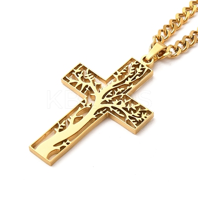 304 Stainless Steel Cross with Tree of Life Pendant Necklaces LS-NJEW-M197-02G-1