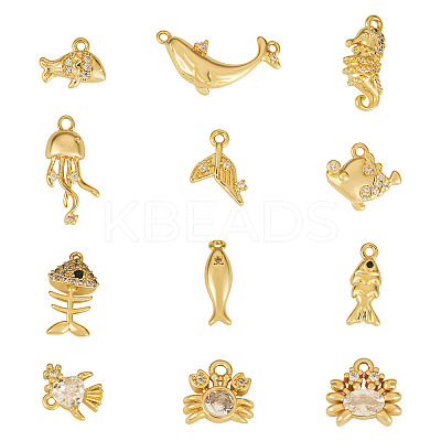 12Pcs 12 Styles Ocean Theme Brass Micro Pave Cubic Zirconia Pendants KK-TA0003-33-1