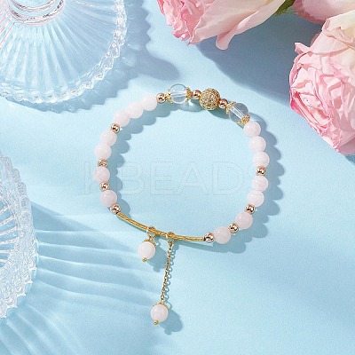 Natural Rose Quartz Round Beaded Charm Bracelets for Women BJEW-JB11931-03-1