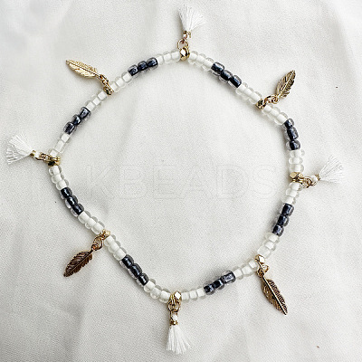 Bohemian Style Alloy Feather Charm Tassel Plastic Seed Beaded Stretch Anklets FS-WGB8A48-03-1