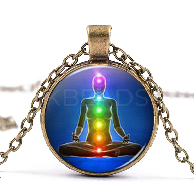 Chakra Theme Yoga Human Glass Pendant Necklace CHAK-PW0001-022B-1